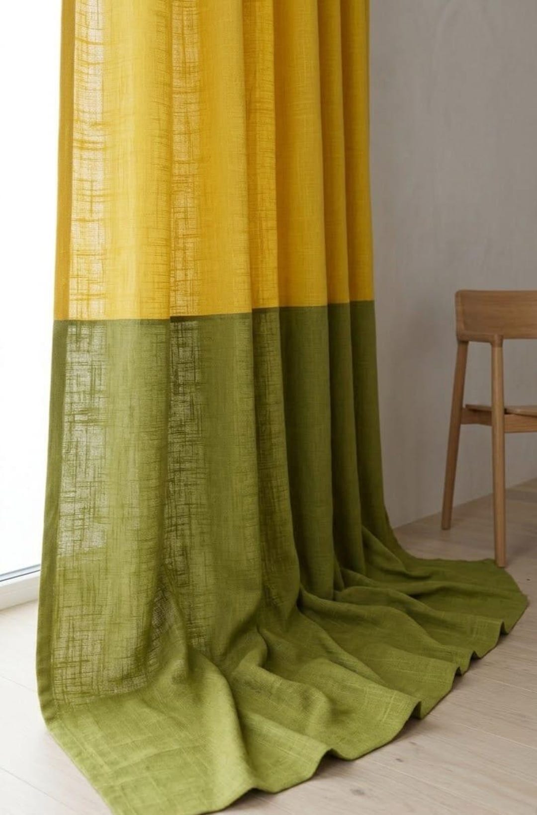 Hand-dyed Cotton Color Block Curtain, Yellow Green Window Panel, Custom ...