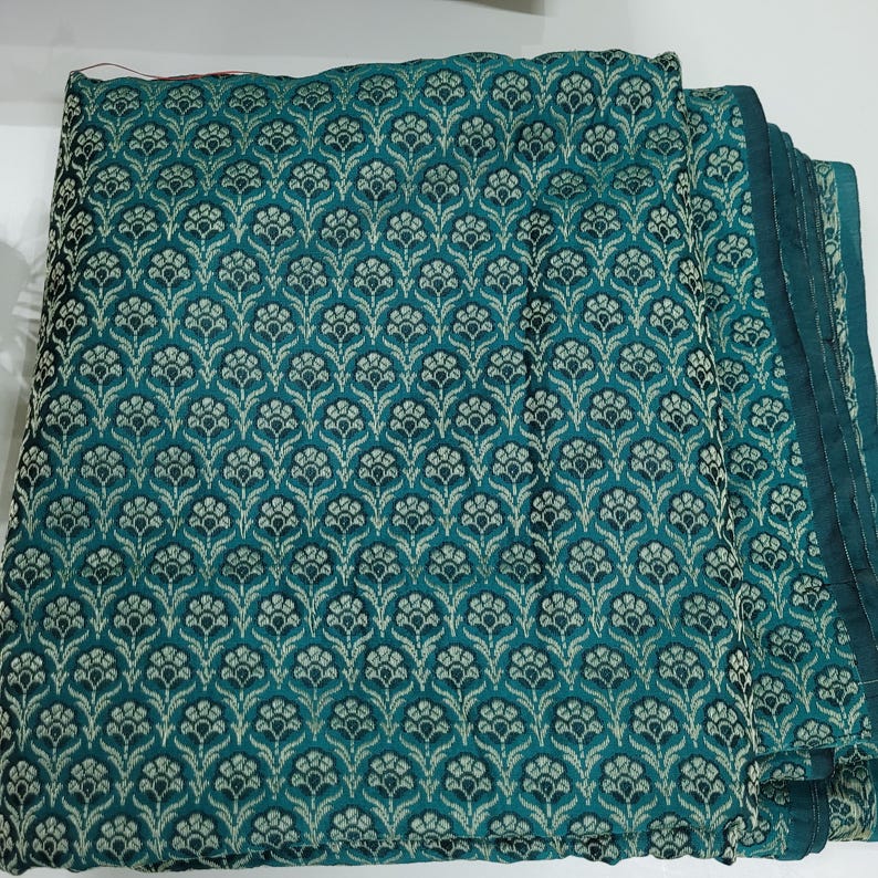 Green Silk Brocade Fabric, Floral Paisley Jacquard, Banarasi Material image 6
