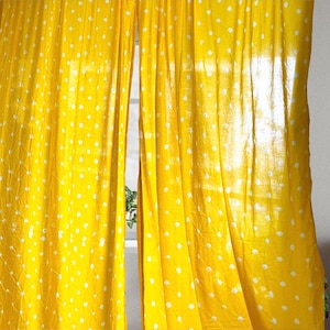 Yellow Boho sheer curtain panels Set of 2 pure cotton summer curtains for living room, custom size panels