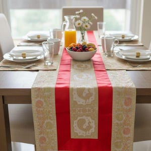 Red Silk Brocade Table Runner: Indian Wedding Decor, Elephant Print (16 x 60'')