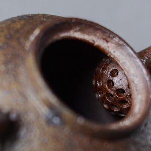 May include: Close-up of a brown ceramic teapot with a round, open spout. The spout has a small, round, brown metal strainer inside.