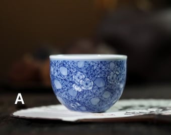 100ml Blue and White Wood Fired Master Cup,Handmade Tea Cup,Jingdezhen Ceramic Hand-painted Pane Ice Plum Tea Cup