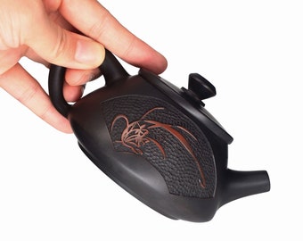 200ml Handmade Orchid Carved Jian Shui Zi Tao Teapot,Chinese Handmade Teawares