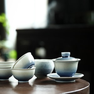 Tea Ceremony Jingdezhen Ice Crackled Blue Gaiwan Set