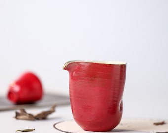 180ml Handmade  Pottery Gongdaobei-Red and Cream White Fair Cup