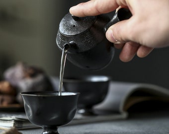Handmade Side Handle Teapot Set,Black Pottery Teapot Set,100-120ml