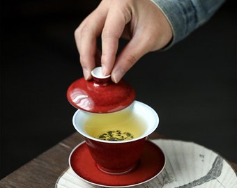 160ml Jingdezhen Holz gebrannt Handbemalt Qinghua Ji Hong祭红Ceramic Gaiwan