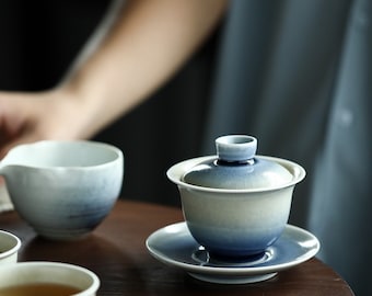 Tea Ceremony Jingdezhen Ice Crackled Blue Gaiwan Set