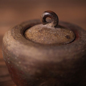 May include: A close-up of a brown ceramic tea jar with a lid. The lid has a small, round handle.
