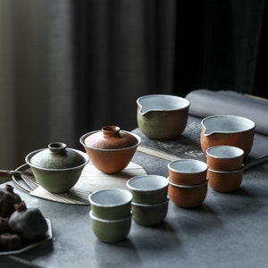 Gaiwan Set-Handmade Pottery Gaiwan Set,1PCS Gaiwan/4PCS Tea Cups/1PCS Fair Cup