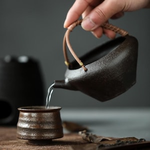 260ml Handmade Pottery Fair Cup with Spout and Rattan Handle Work for Electric Stove