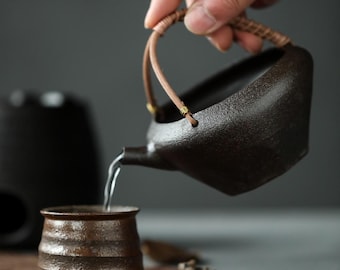 260ml Handmade Pottery Fair Cup with Spout and Rattan Handle Work for Electric Stove