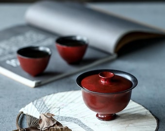 120ml handgemachtes Gaiwan-Set, verbotene Stadt rot, 1 STÜCK Gaiwan & 2 STÜCK Teetassen