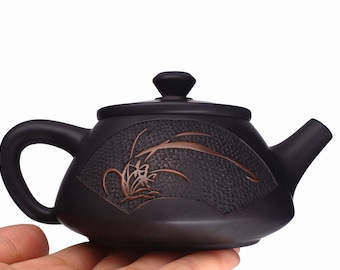 200ml Handmade Orchid Carved Jian Shui Zi Tao Teapot,Chinese Handmade Teawares