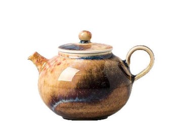 Tetera artesanal de 150 ml, estilo horno de leña, tetera de cerámica, pequeña tetera con esmalte terroso, tetera artesanal única para té Gongfu.