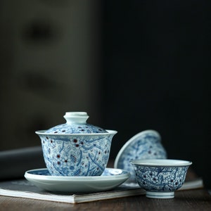 160ml Raw Ore Hand-painted Ice Plum Blossom Gaiwan Set,Jingdezhen Hand-painted Ceramic Gaiwan Set,1PCS Gaiwan 2PCS Tea Cups