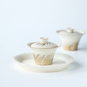 Handmde Fenyin(粉引) Gilt Silver Wind&Dandelions Gaiwan with Crackled Effect