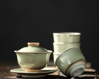 140ml Handmade Gaiwan,Ice-crackled Green Gaiwan Set