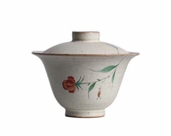 140ml Jingdezhen Hand-painted Rose Flower Fenyin(粉引) Gaiwan with crackled effect