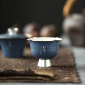 70ml Flower Shaped Tea Cup,Blue Silver Tea Cup