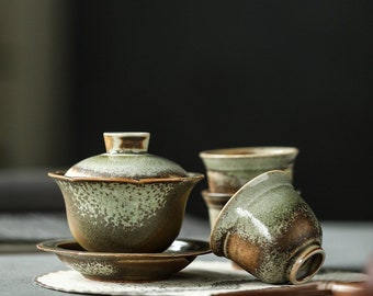 140ml Jingdezhen Pottery Gaiwan,Flower Shaped Gaiwan,Handmade Soda Fired Green Gaiwan Set