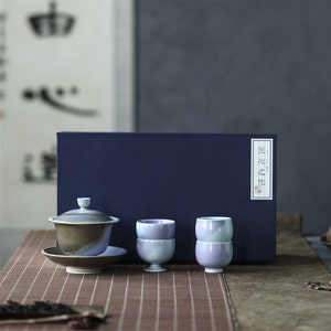 Conjunto Gaiwan - 120ml Forno Artesanal Transmutação Roxo Azul Conjunto Gaiwan, 1 Peça Gaiwan 4 Peças Xícaras de Chá