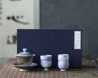 Ensemble Gaiwan bleu violet de transmutation au four fait main, 120 ml, 1 tasses à thé Gaiwan, 4 pièces