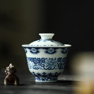 150ml Wood Kiln Blue and White Hand-painted Flower God/ Heaven&Earth Ceramic Gaiwan