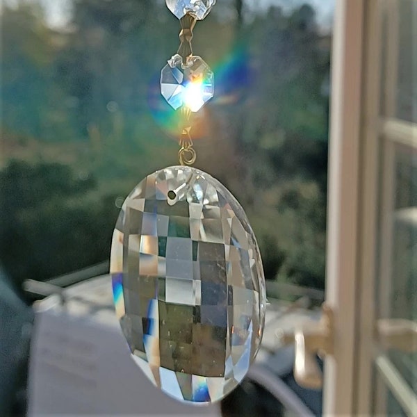 Crystal Sun Catcher Pendant Drop With Large Crystal Oval, Roundal And 4 Crystal Buttons - Rainbow Colours Feng Shui UK