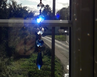 Crystal Suncatcher Hanging Blue Glass Pendant With 11 Crystal Octagons Other Colour Options Available