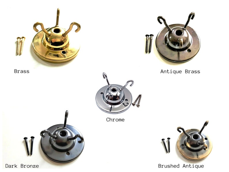 May include: Five different ceiling light fixture canopy plates in various finishes: brass, antique brass, chrome, dark bronze, and brushed antique. Each plate has three hooks and comes with two screws.