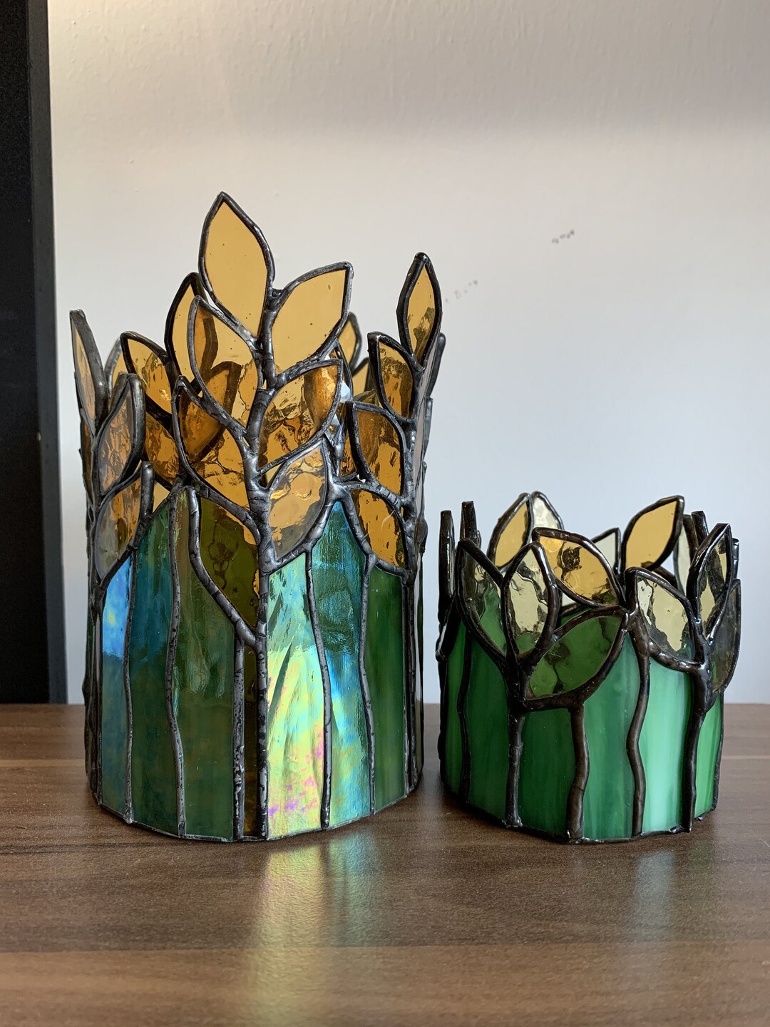 Stained Glass Candle Holder Tiffany Glass Green and Yellow Multicolour