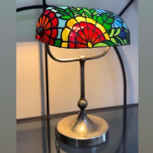 Stained glass desk lamp, Brass table lamp with stained glass lampshade, Stained glass Bankers Lamp