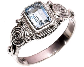 925 Sterling Silver Ring Blue Topaz Aqua Radiant Shape Gemstone Ring Gift for Women Vintage Ring Free Shipping