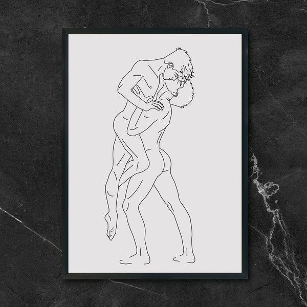 Gay couple kissing, Gay Wall Art, Gay Decor, Naked Men Wall Art, LGBTQ Wall Art, Minimalist Decor, Minimalist Decor Line Sketch Art