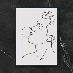 Gay blowing a bubblegum, Abstract Male Wall Art, Man Body Art Print, Minimalist Wall Art, Wall Decor, One Line Art Drawing Sketch,