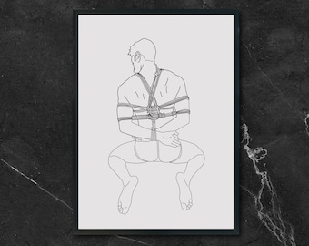 Corde attachée pour homme gay, impression d'art au trait masculin, art mural imprimable noir et blanc corps masculin, impression d'art moderne une ligne, dessin au trait corps homme nu