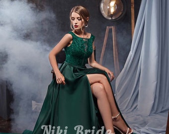 The evening satin dress top is covered with delicate guipure with sequins. Prom dress. Bridesmaid dress | New collection 2020