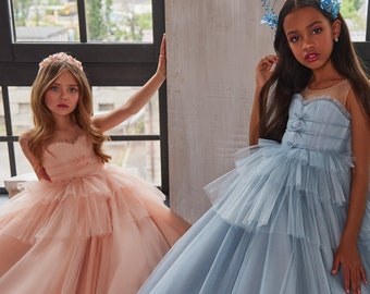 Delicate tulle dress in ballet style. Delightful blue dress made of airy tulle. Pink fluffy dress in the tutu style