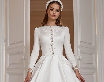 Gorgeous satin wedding dress with lace inset on the back, bodice and sleeves. Wedding dress with pockets Muslim wedding dress. Classic dress