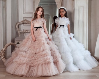 Fluffy tulle puffy tulle dress with black belt. Tulle frills detail the bodice with a T-shirt Multilayer tulle skirt. Snow-white dress cloud