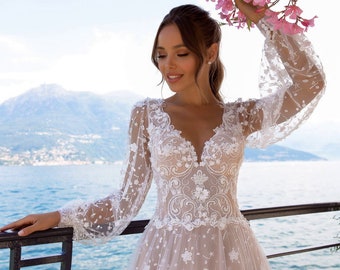 Delicate lace wedding dress with a train | Dress from expensive Italian guipure with a floral ornament