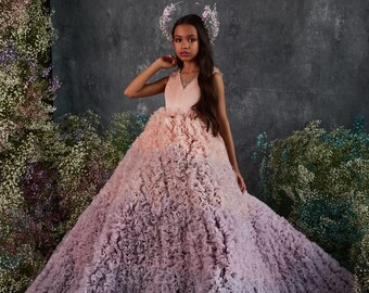 Dress for a beauty pageant. Tulle puffy dress with beaded embroidery on the bodice. Gradient fluffy dress with small tulle frills