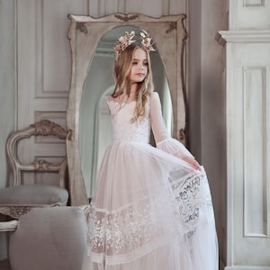 One Shoulder White Tulle Flower Girl & Communion Dress with Back Bow