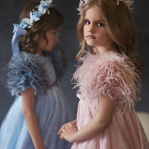 Flower girl dress with swan fluff. Princess-swan dress created by delicate guipure and decorated with bead embroidery