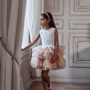 Short dress for a flower girl with a chic shining guipure bodice with 3D flowers. Shoulders with threads with crystal beads Ivory girl dress image 1