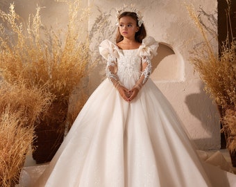 Communion dress with long sleeves. A shimmering communion Shining dress with wings on the shoulders. Dress with lace bodice and long sleeves