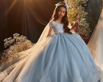 Shining tulle dress with lace bodice in 3D colors, rhinestones, sequins and beads. Blue dress with a fluffy skirt of glittering airy tulle