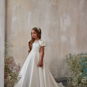 Gorgeous dress for a beauty pageant. Shining communion dress. Fabulously beautiful white satin dress with glitter tulle and rich floral lace image 2