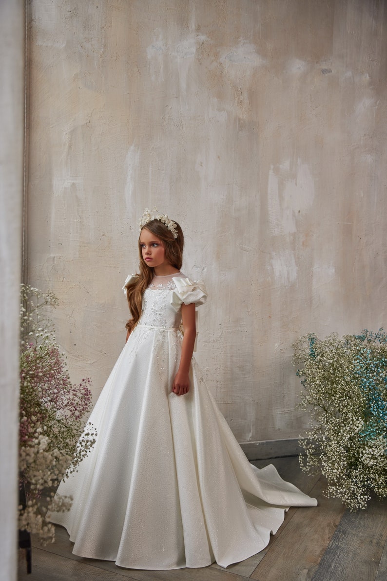 Gorgeous dress for a beauty pageant. Shining communion dress. Fabulously beautiful white satin dress with glitter tulle and rich floral lace image 2